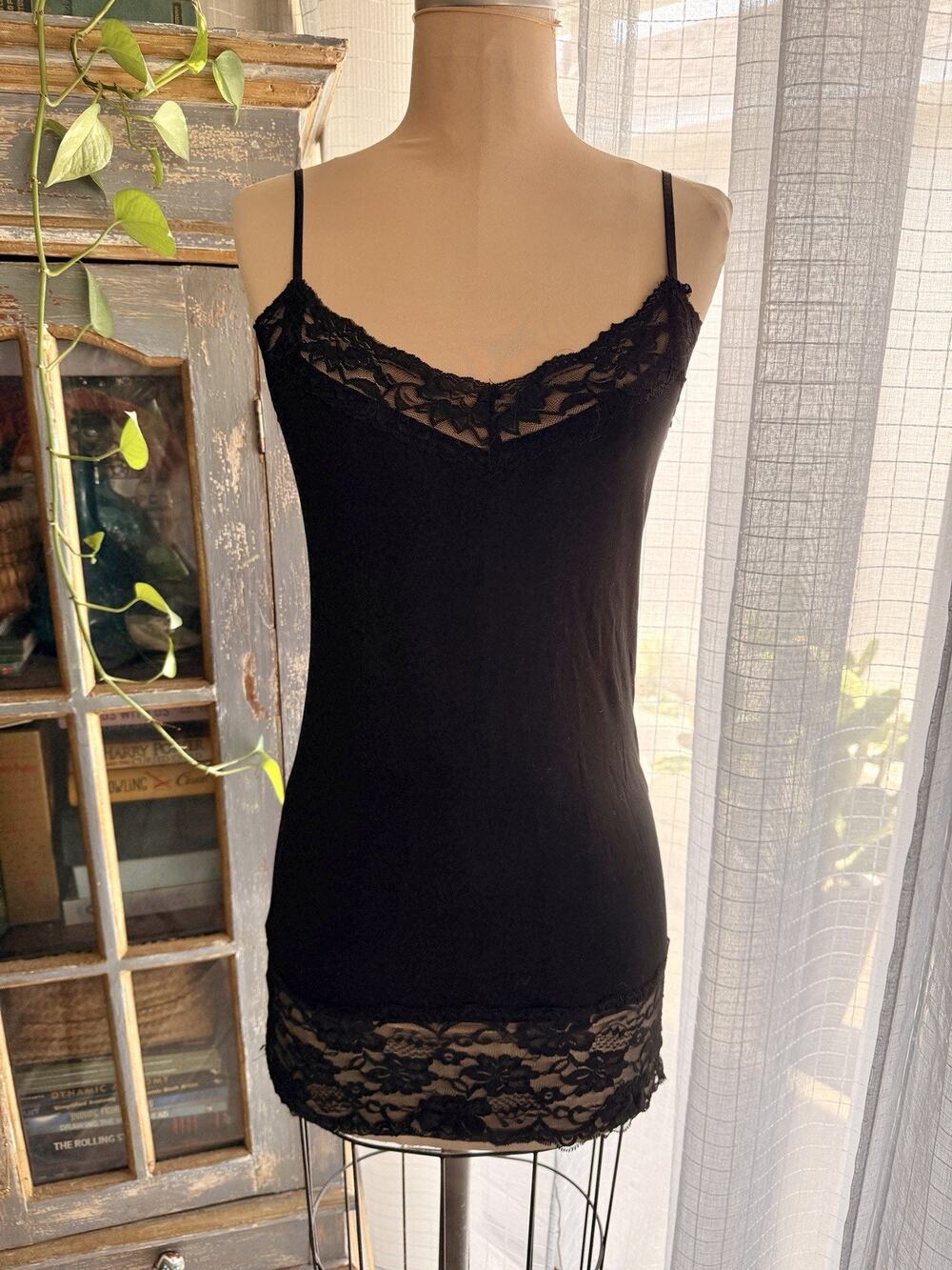 Y2K Black Bozzolo Lace Trimmed Long Cami Tank Top Women’s Large Coquette Grunge